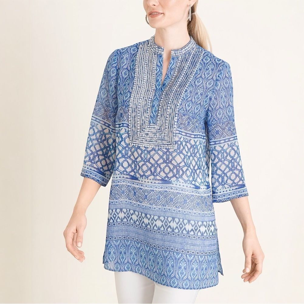 LIKE NEW Chico’s Mixed Print Embellished Tunic Sequins Beads Blue Size 8/10P